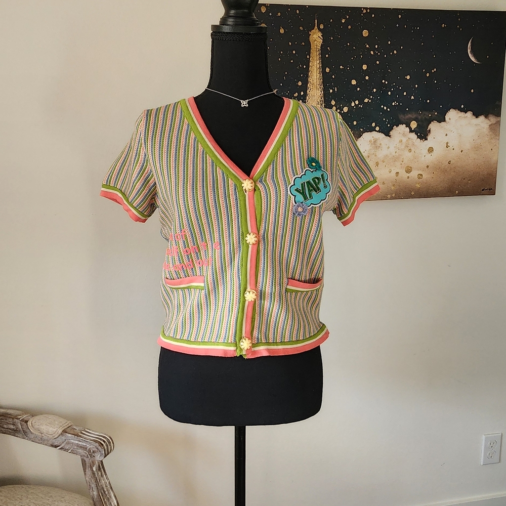 Spring Color-Striped Short Sleeve Cardigan with Fun Embroidery